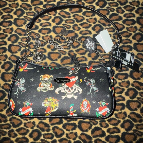 Ed Hardy Handbags - NWT Ed Hardy Iconic Logo Tattoo Print Black Crossbody Shoulder Bag W Charms